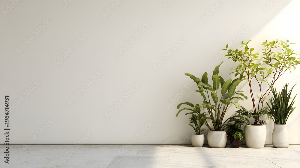 Fototapeta premium Minimalist indoor garden with tropical plants and ferns against a clean white wall. Modern botanical interior with lush green foliage and copy space.