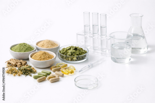 Herbal supplement composition with powders, capsules, laboratory glassware, white background