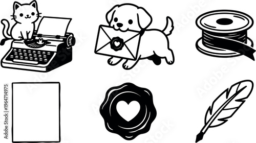 Black and white line art cat on typewriter puppy with envelope and sealing wax