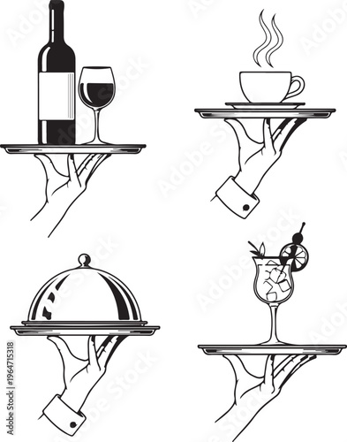 minimalist line art icons of dining and timekeeping on wireframe tables