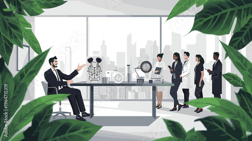 A vibrant green abstract art piece with dynamic shapes and lines, evoking a sense of growth and harmony.