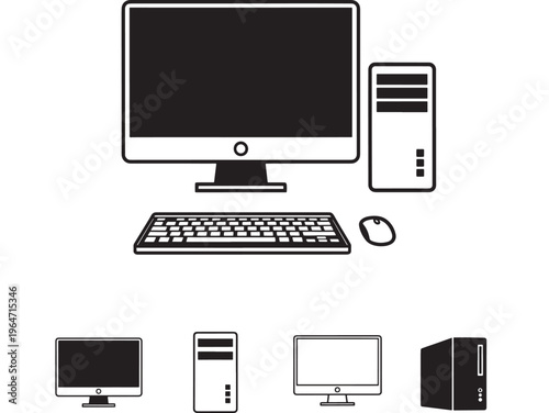 Computer desktop set with monitor, keyboard, and mouse, including various peripherals and devices. featuring pc, technology, electronics with