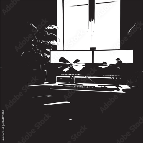 Flower on a table in front of a bright window with shadows featuring black and white, indoor, plant with still life and photography elements for