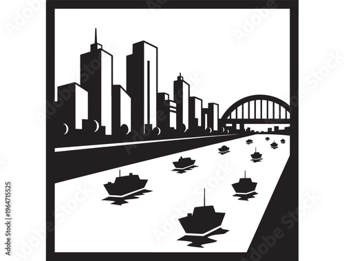 Cityscape illustration with boats on river and bridge in black silhouette style featuring urban, skyline, buildings with architecture and water