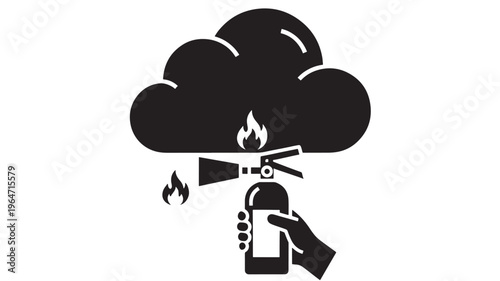 Fire extinguisher spraying black silhouette with cloud and flames featuring spray, icon, vector with graphic and resource elements for safety,