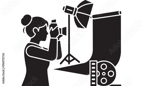 Photographer taking pictures with studio lighting and film equipment, capturing moments. featuring photography, camera, picture with images and art