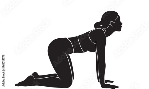 Woman in tabletop position with hands and knees on ground in black silhouette vector graphic featuring yoga, exercise, fitness with white background