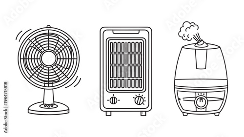 Heaters and fan set with black line illustrations and smoke effect featuring heater, electric heater, space heater with humidifier and steamer