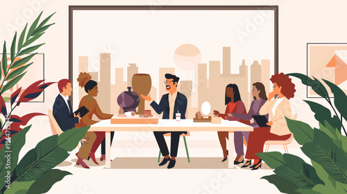 A vibrant and stylized illustration of overlapping green leaves with a red accent, evoking a sense of lushness and growth.