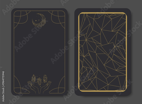 Tarot card frame with a moon crescent and magical crystals. Front and back side. Vector illustration