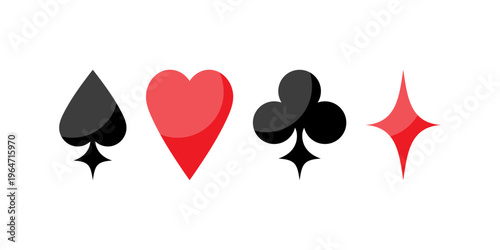 Playing cards suits icon symbols including Spades, Hearts, Clubs, and Diamonds. Vector illustration