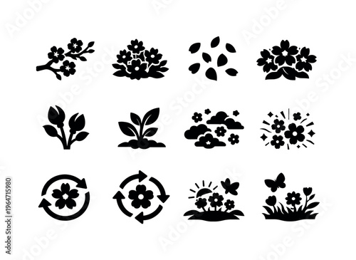 Spring Blossoms. Solid icon set of Spring Blossoms: blossom branch, flowering bush, spring petals, fresh blooms, budding flowers, seasonal growth, light sky