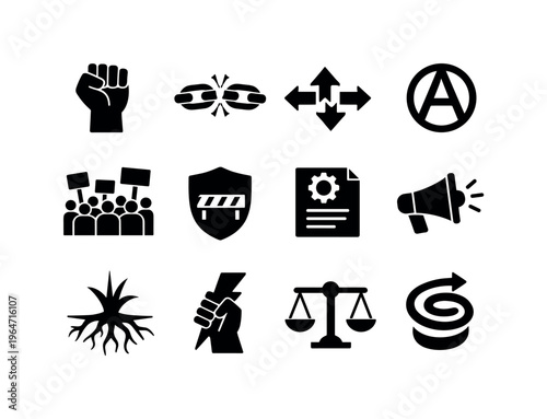 Power & Resistance. Solid icon set of Power & Resistance: raised fist, broken chain, power struggle arrows, civil resistance symbol, protest crowd, barrier