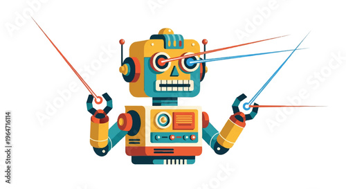 Cartoon robot with laser beams and electronic details vector illustration