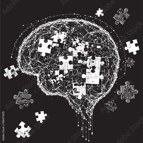 Brain white outline with puzzle pieces and scattered fragments on black background featuring mind, mental, health with jigsaw and thinking elements