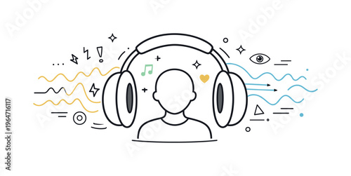 Sensory overload management. Abstract waves of sound stopped by soft circular headphone shapes around a person. Visual metaphor of protection and