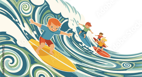 Children surfing illustration summer vacation concept