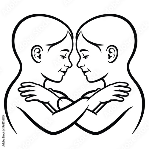 Black and white outline drawing of two identical babies or young children looking at each other, representing twins or siblings with a close bond.