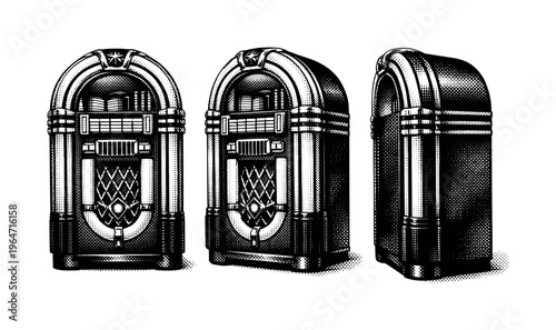Jukebox front panel and arch. A realistic jukebox presented as one object in three different views, emphasizing the iconic arched top, display window, and