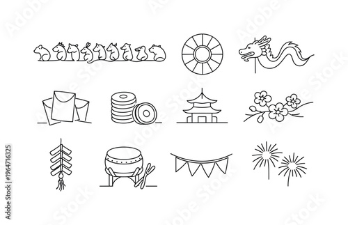 Year of the Zodiac Celebration. Minimalistic set one-line drawing zodiac animal outline, circular zodiac wheel, lantern, dragon dance curve, lucky envelope,