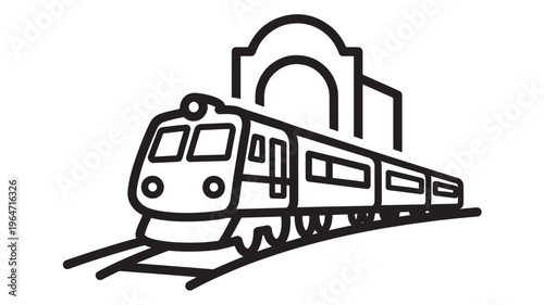 Train suburban commuter with sleek black lines and urban architecture background featuring subway, transportation, city with travel and transport
