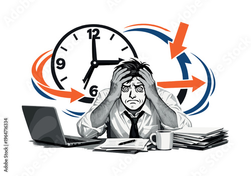 Black and white office desk scene with an overwhelmed employee holding their head, realistic hands combined with comic-style face, layered collage with white