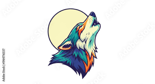 Stylized illustration of howling wolf with moon against white background