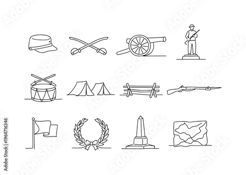 Civil War Battlefield. Minimalistic set one-line drawing [soldier kepi hat, crossed sabers, battlefield cannon, memorial statue, drum and sticks,
