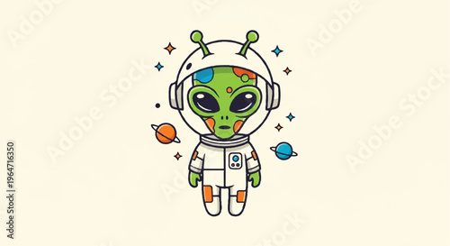 Cartoon alien astronaut in spacesuit with planets and stars