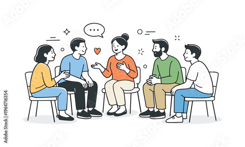 Group therapy session. A small group of people sitting in a circle, listening and sharing calmly with gentle gestures. Emotional support, trust, open