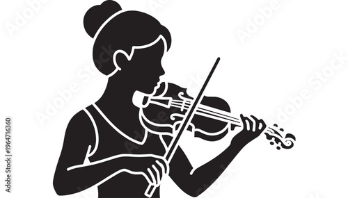 Violin silhouette with woman playing musical instrument in elegant pose featuring music, black, white with illustration and vector elements for