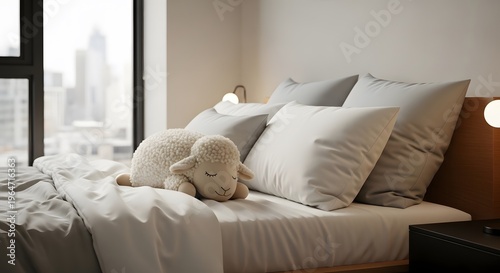 Minimalist Bedroom with Cute Sheep Plush Toy on White Bed and City View Window