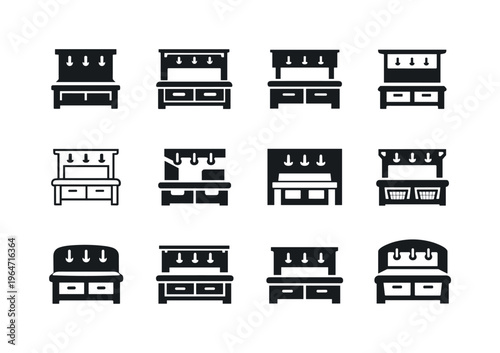 Designing a stylish and functional mudroom space. Icon set. Set Logo of designing a stylish and functional mudroom space: storage bench. harmonious logo