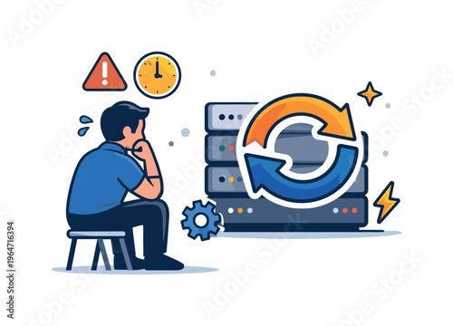 IT incident recovery anxiety shown through a developer figure watching a looping arrow over a server rack, expressing responsibility, time pressure, and