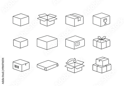 Parcel Box. Minimalistic set one-line drawing closed cardboard box, open parcel box with flaps, taped shipping box, box with fragile symbol, small delivery