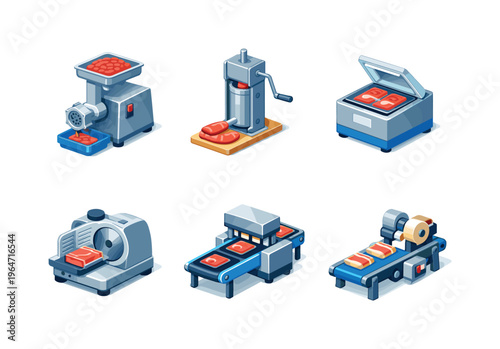 MeatProcessing. Isometric flat vector icons set of MeatProcessing: meat grinder machine, sausage stuffer, vacuum packing unit, meat slicer machine, portioning