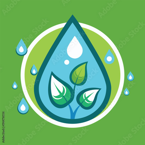 Eco friendly water conservation symbol with leaf and droplets  green