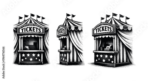 Big top entrance ticket booth A realistic small ticket booth integrated into a big top entrance with window opening and roof detail, presented in three views