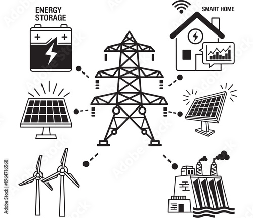 Tower power transmission with connected renewable energy sources and smart home featuring solar panel, wind turbine, battery with electricity and