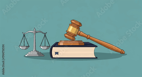 Law book with gavel and balance scales on green background symbolizing justice and legal system