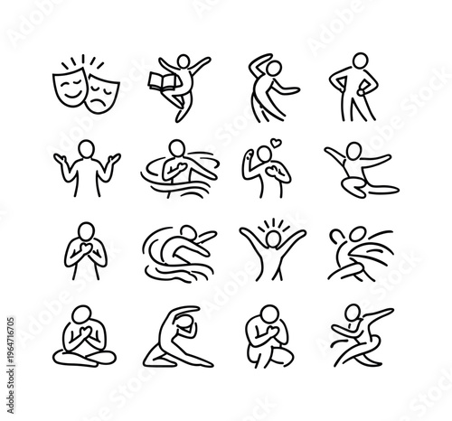 Expressive Movement. Line icon set of Expressive Movement: emotional expression, storytelling dance, expressive arms, body language, creative flow, mood