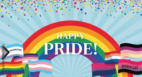 Vibrant rainbow with 'happy pride' text and colorful confetti on light blue background with lgbtq flags