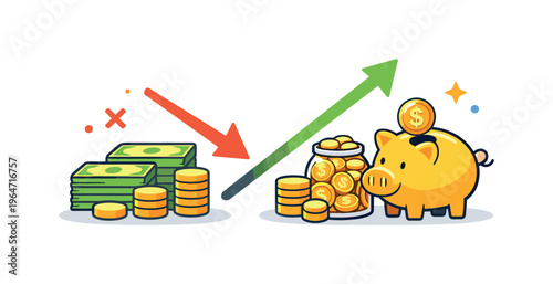 Cost of living advantage concept expressing smarter financial choices, shown through stacked currency icons shrinking on one side and growing savings symbols