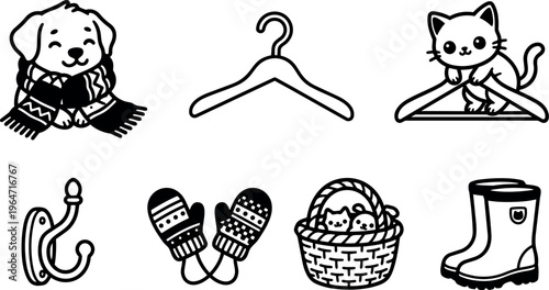Dog kitten mittens boots hanger and basket icons