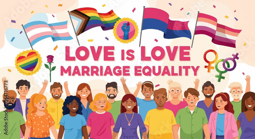 Diverse crowd celebrating love and marriage equality with rainbow flags and lgbtq symbols