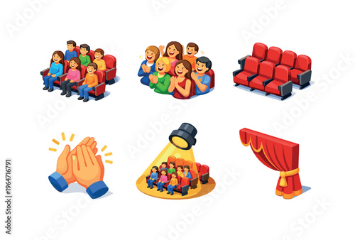 Theater audience. Isometric flat vector icons set of theater audience: seated audience rows, laughing crowd group, theater seats section, clapping hands
