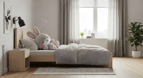 Cute Kids Bedroom with Bunny Plush Toy and Soft Neutral Decor