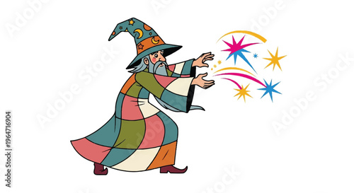 Cartoon wizard casting magic with colorful energy burst on white background