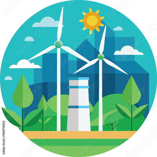Wind turbines and nuclear power plant in green landscape  renewable energy sources