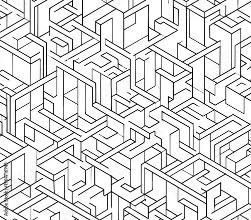 Complex maze pattern with interconnected black lines on white background for puzzle and problem solving concepts
